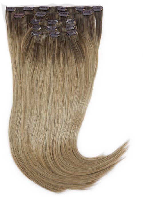 Haarverlängerung mit Clips, hellbraun und blond, gerade und glatt, in Fächerform angeordnet.