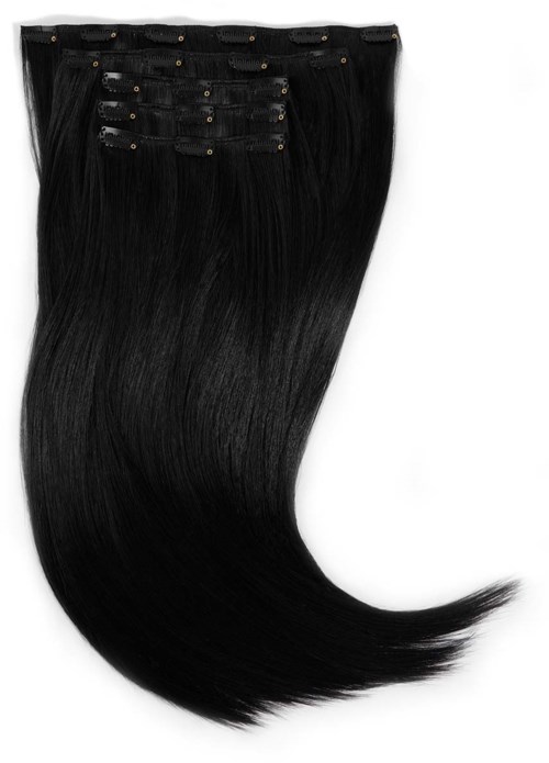 A bundle of long, straight, black hair extensions with clips at the top.