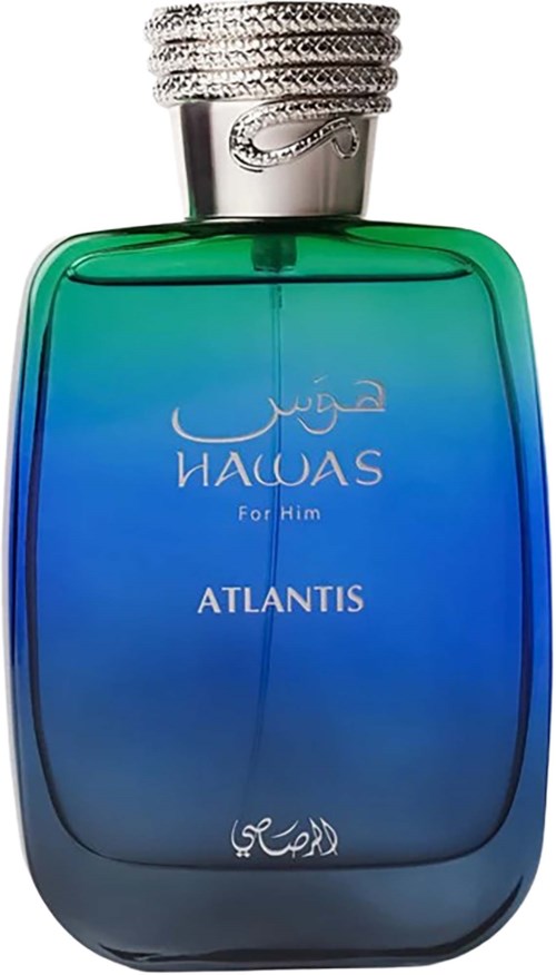 A blue-green perfume bottle with a silver cap and white text, named Atlantis for him.
