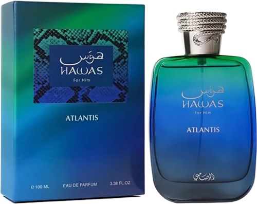 A blue and green perfume bottle and box named Atlantis, designed for men, with silver rings on the cap.