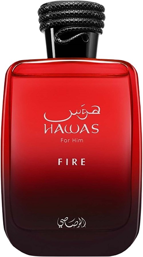 Red perfume bottle labeled HAWAAS FIRE for him with black cap and cord detail.