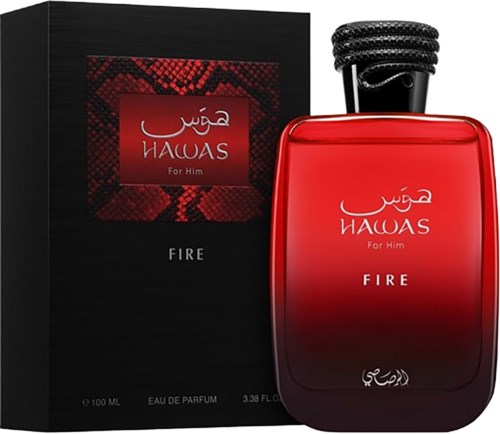 A red perfume bottle with black cap and a matching box labeled Fire for Him by Hawas.
