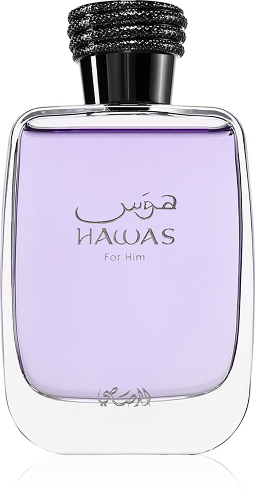A perfume bottle labeled "Hawas For Him" with a lavender-colored liquid and a black cap.