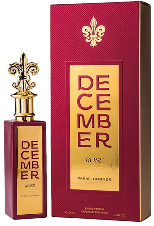 A perfume bottle and box with gold and pink design, labeled 'December Rose, Paris Corner, Eau de Parfum.'