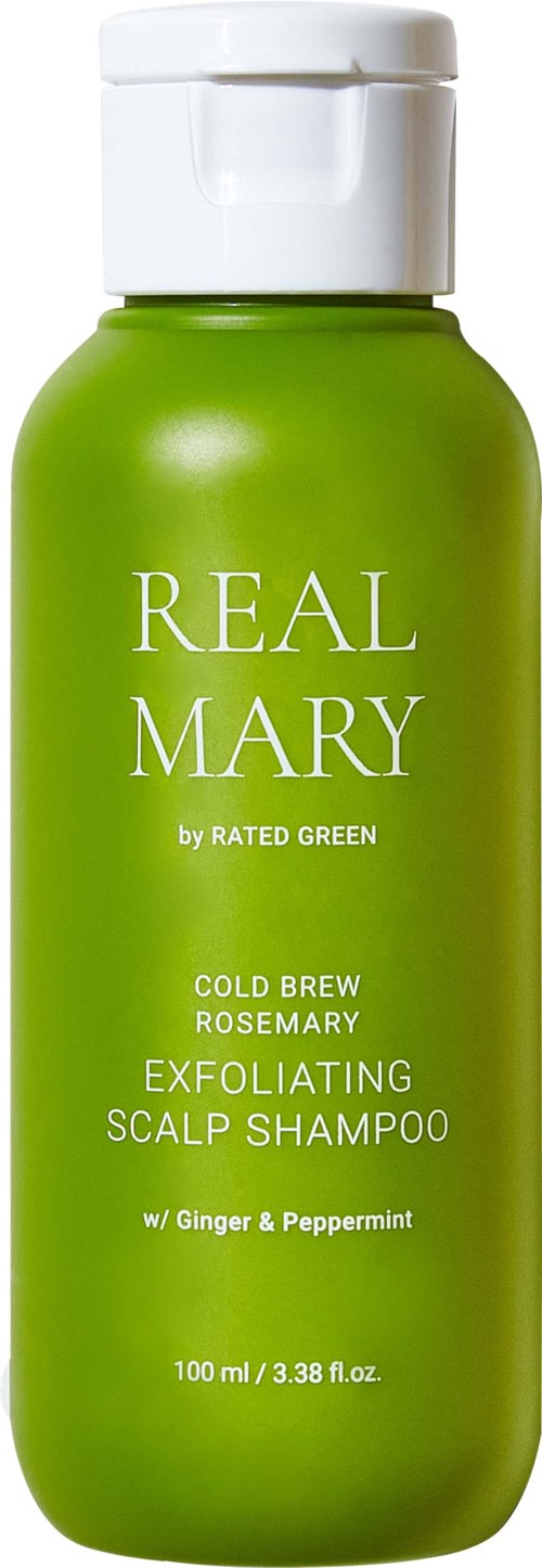 A green bottle of Real Mary exfoliating scalp shampoo with ginger and peppermint, 100 ml.