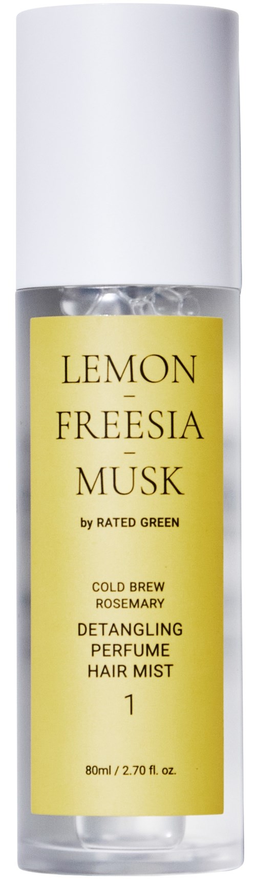 A clear spray bottle with a yellow label, containing perfume labeled Lemon Freesia Musk by Rated Green.
