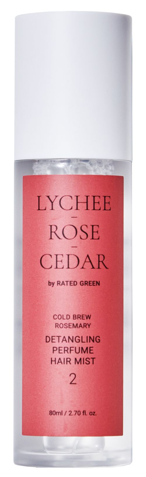 A clear spray bottle with a white cap and a pink label that reads "Lychee Rose Cedar" and mentions it is a detangling perfume hair mist.