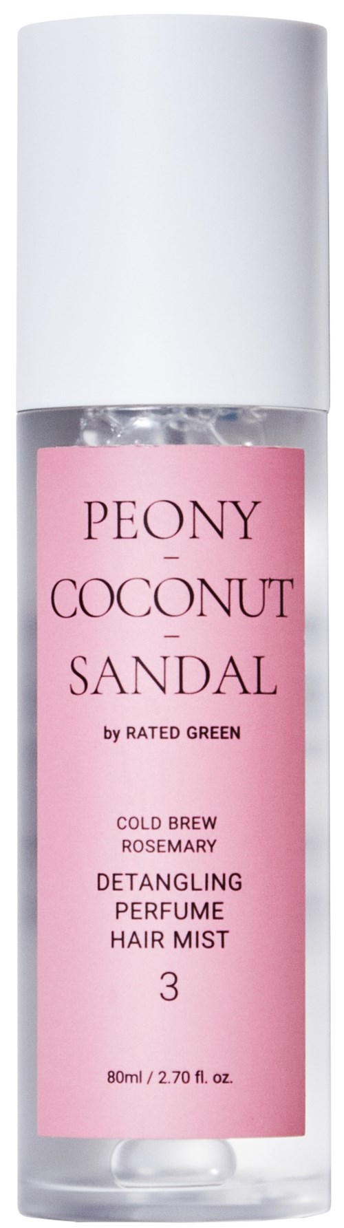Een parfum sprayspray flesje met label 'Peony Coconut Sandal', witte dop, roze etiket en doorzichtige lichaam met mist binnenin.