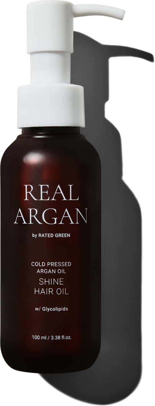 A dark brown bottle with a white pump labeled "Real Argan" and details about argan oil for hair.