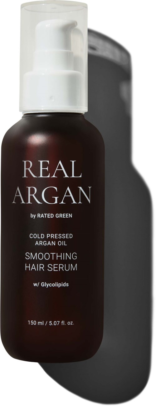 Bruine fles met witte pomp, gelabeld 'Real Argan' haarserum met glycolipiden, 150 ml.