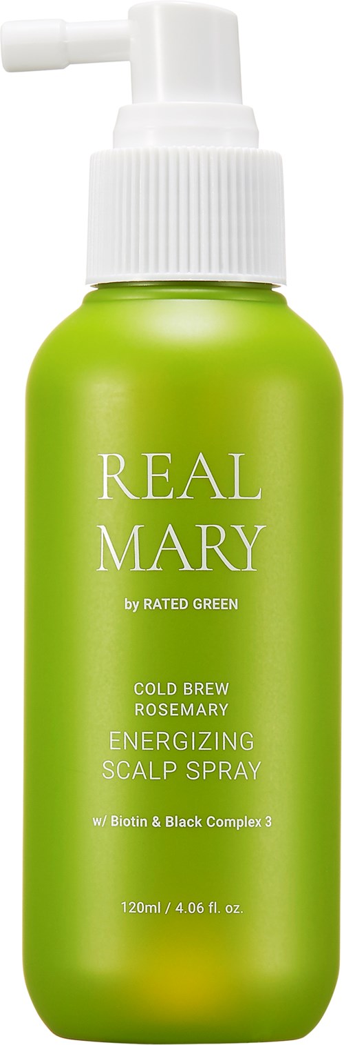 Groene sprayfles met label Real Mary Cold Brew Rosemary Energizing Scalp Spray met Biotine en Black Complex 2.