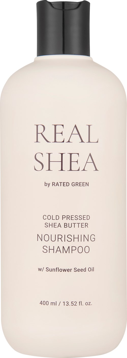 A white bottle with black cap containing nourishing shampoo with shea butter and sunflower seed oil.