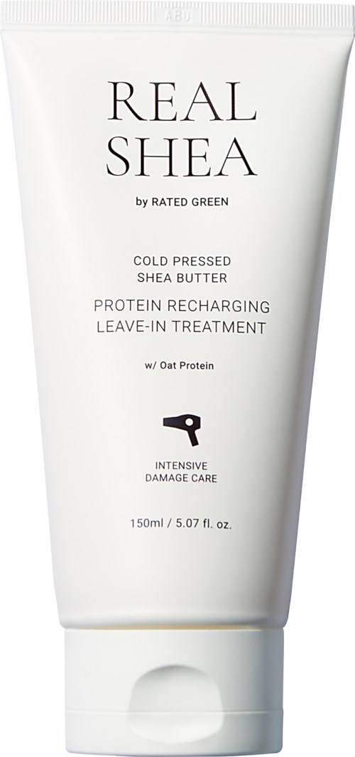 Crème tube met zwarte en grijze tekst, beschrijft sheaboter en eiwitbehandeling voor haarverzorging.