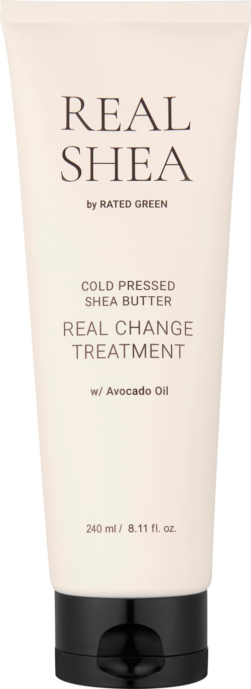 Een witte tube met sheaboter met zwarte dop, gelabeld "Real Shea" door Rated Green, met ingrediënten zoals avocado-olie.