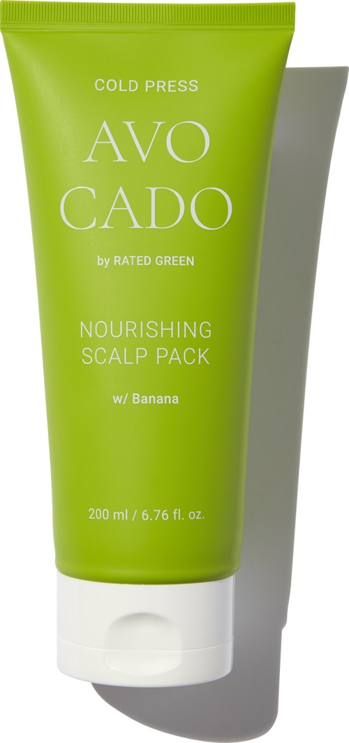 Green tube with white and yellow text, labeled as nourishing scalp pack with banana scent, 200 ml size.