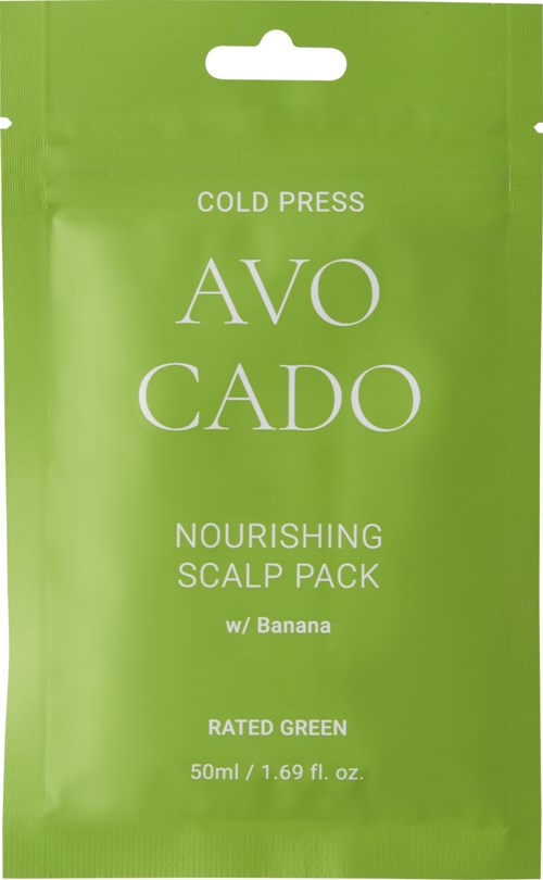 Groen zakje met tekst 'Avo Cado' en informatie over voedend scalp pack met banaan, groen beoordeeld, 50ml.