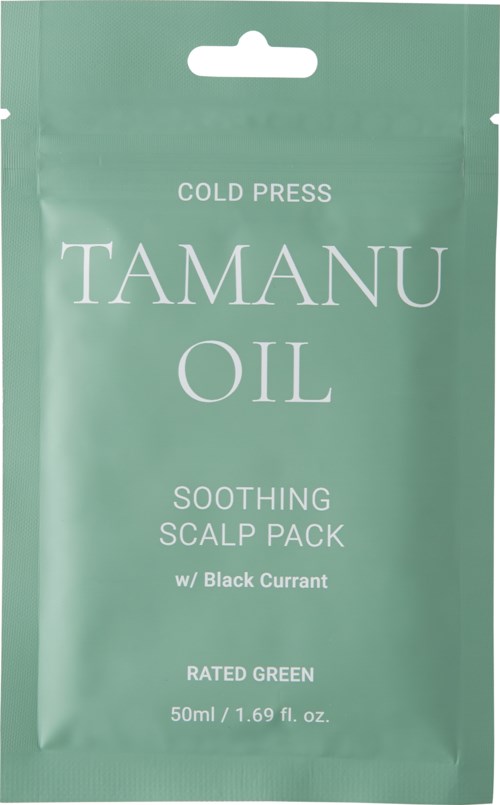 Groen zakje met tekst over Tamanu-olie, verzachtende hoofdhuidverpakking, zwarte bes en 50 ml.
