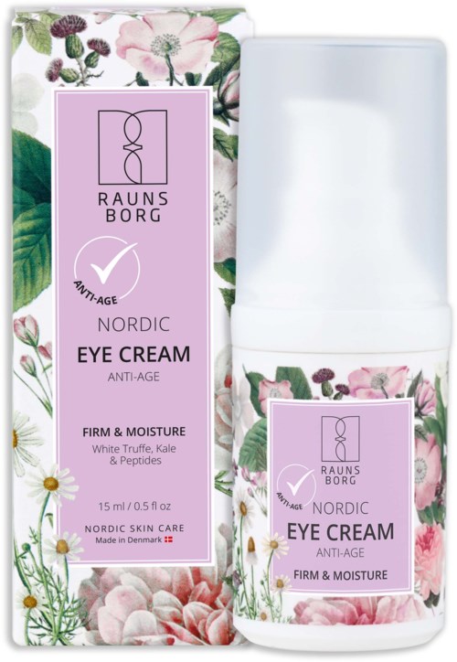 En flaska och ett förpackning av Nordic ögonkräm med rosa blommor, gröna blad och text om antiaging och återfuktning.