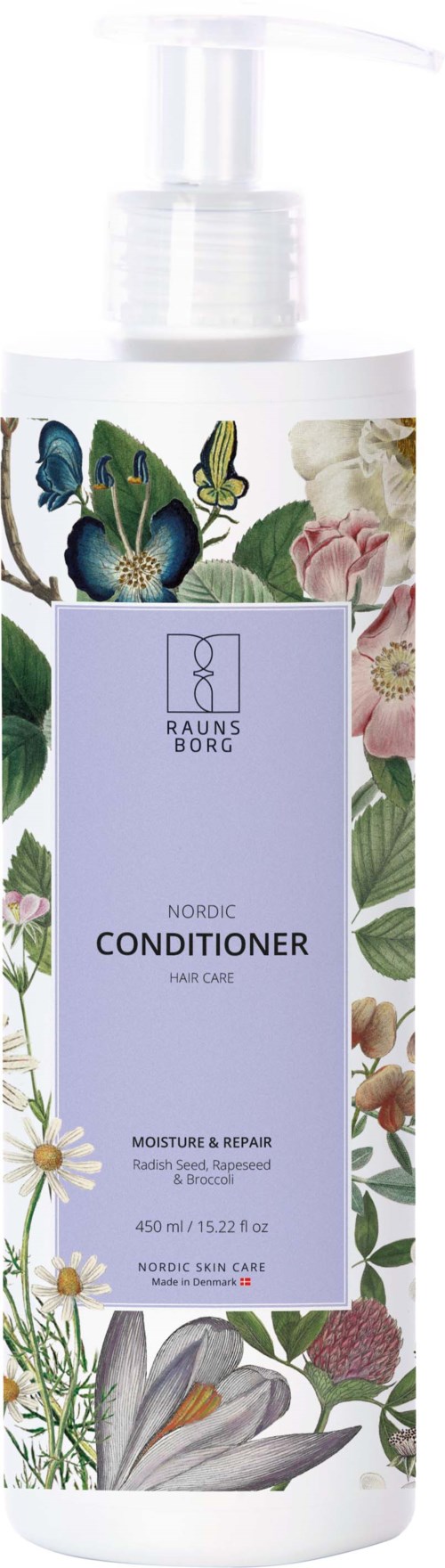 Eine weiße Flasche mit Pumpkopf, verziert mit bunten Blumen und einem Schmetterling, enthält Conditioner für die Haarpflege.