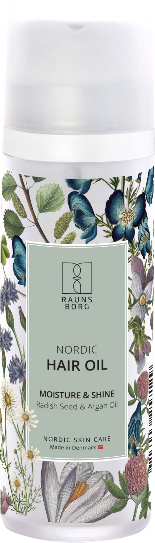 Eine weiße Flasche mit blauen Blumen und grünen Blättern, beschriftet "Nordic Hair Oil" für Feuchtigkeit und Glanz, hergestellt in Dänemark.