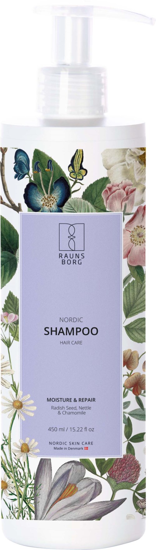 Eine lange weiße Flasche mit Pumpaufsatz zeigt Blumen- und Schmetterlingsdesign. Es ist als Nordischer Shampoo für Feuchtigkeit und Reparatur gekennzeichnet.