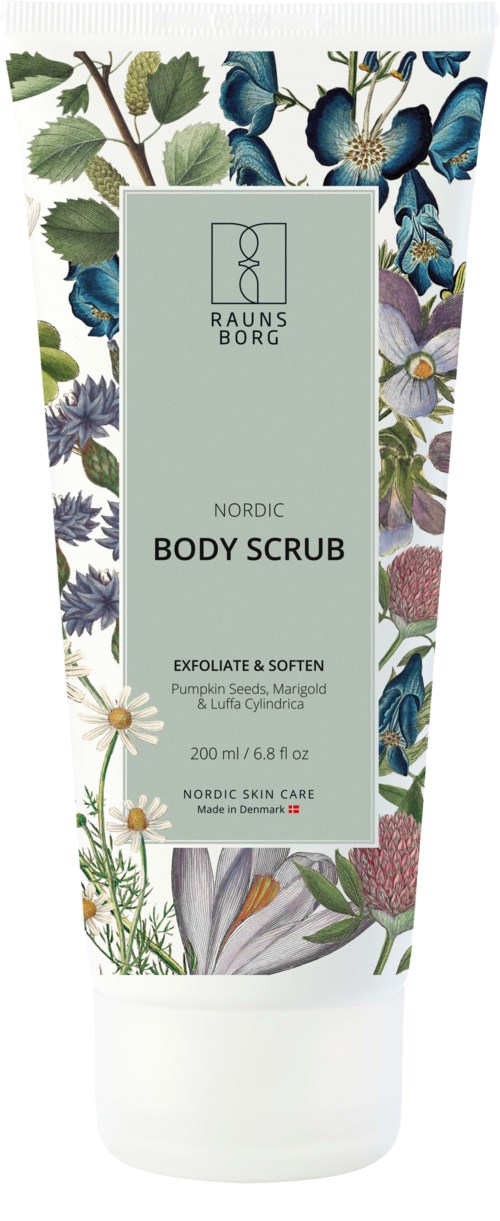 Blumendesign umgibt ein hellgrünes Label eines Nordic-Körperpeelings. Text enthält Marke, Produkt und Anwendungshinweise.