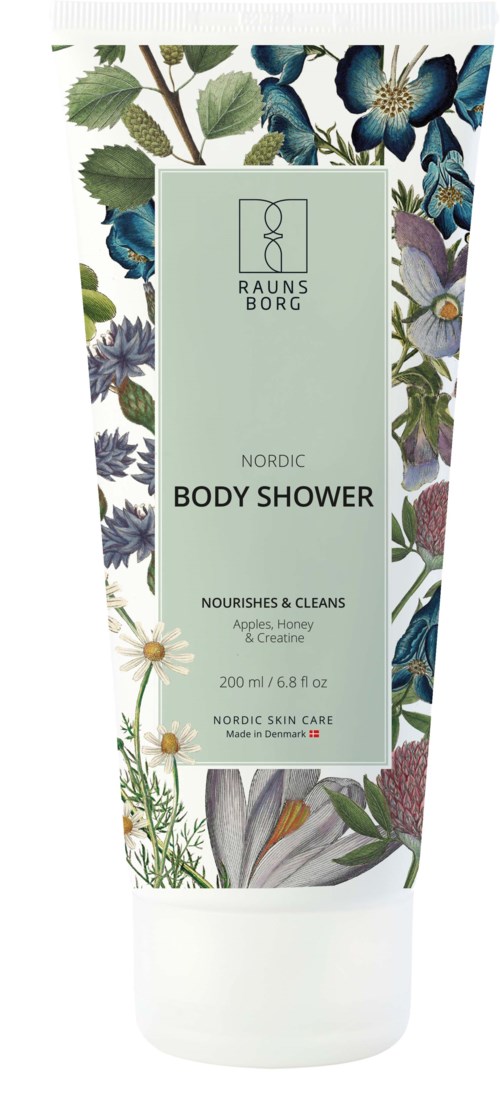 Ein Körperwaschmittel mit Blumenmuster, Etikett für Produkt und Marke, enthält nährende Inhaltsstoffe wie Apfel und Honig.
