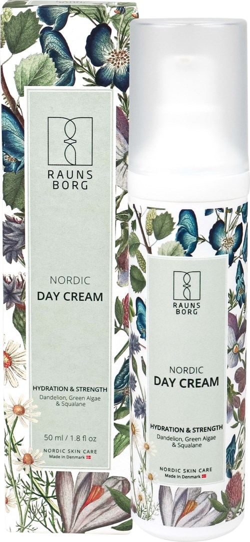Eine weiße Pumpflasche mit Blumendekor und eine passende Verpackung für Raunsborg Nordic Day Cream.