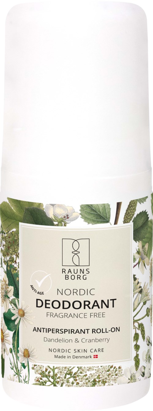 Ein weißes Roll-on-Deodorant mit Blumenmuster, ohne Duft, hergestellt in Dänemark.