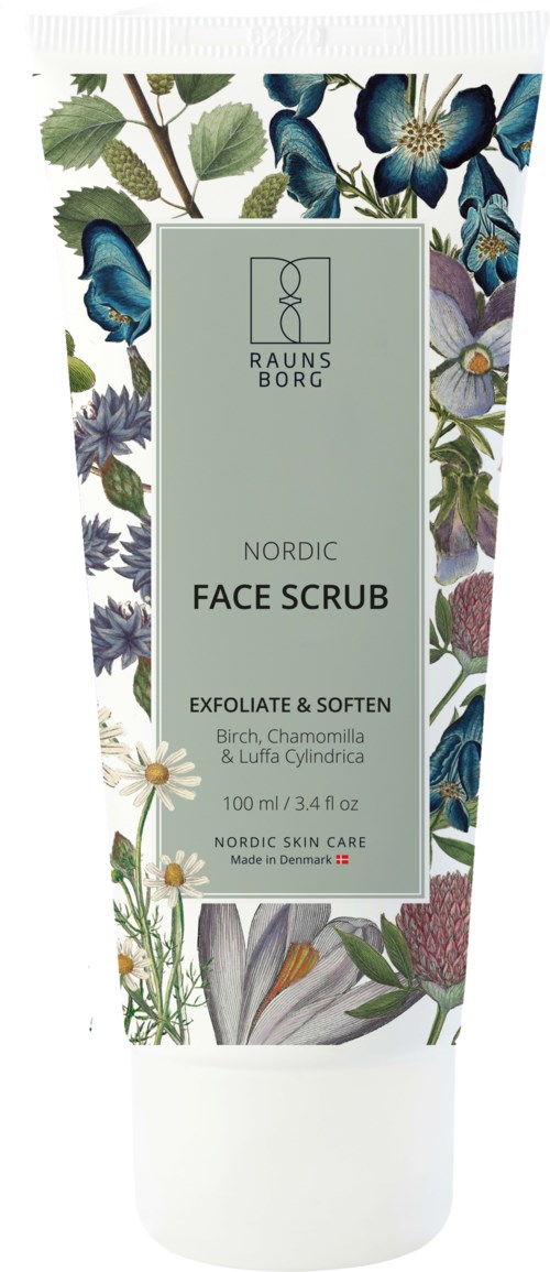 Blumendekor auf einer Tube für das Gesichtspeeling von Raunsborg mit blauen Schmetterlingen und Pflanzenillustrationen.