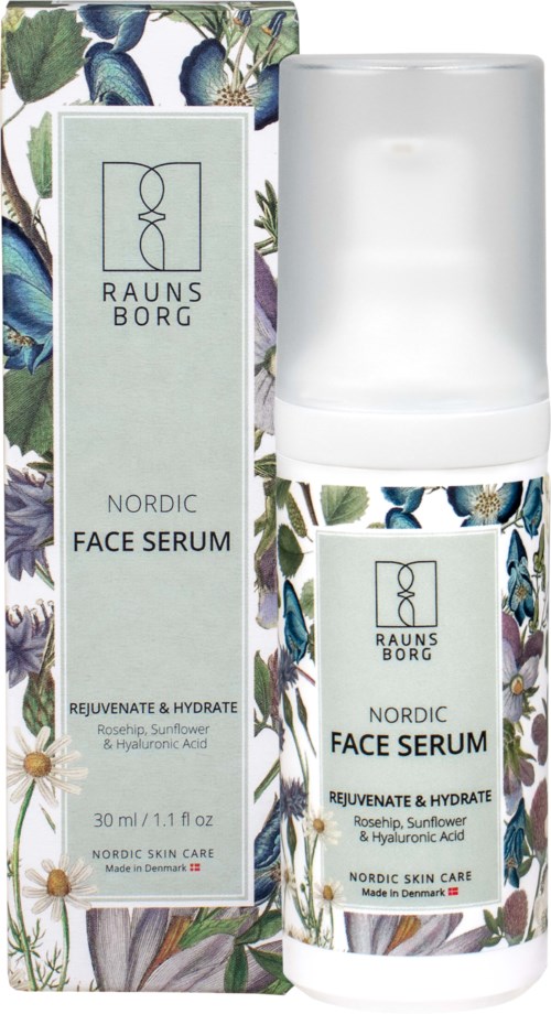 Eine weiße Flasche Gesichtsserum mit Blumen- und Schmetterlingsdesign, und eine passende Box mit Text und botanischen Bildern.