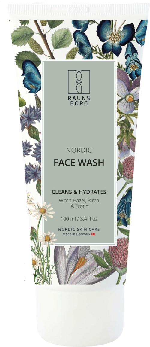 Eine Gesichtswaschlotion-Tube mit Blumen- und Schmetterlingsdesign, bezeichnet als Nordic Face Wash mit natürlichen Inhaltsstoffen und feuchtigkeitsspendend.