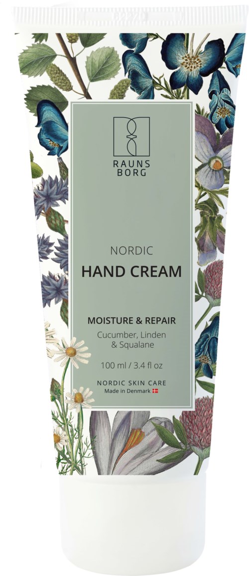 A tube of hand cream with a floral design, labeled for moisture and repair with cucumber, Linden, and Squalane.