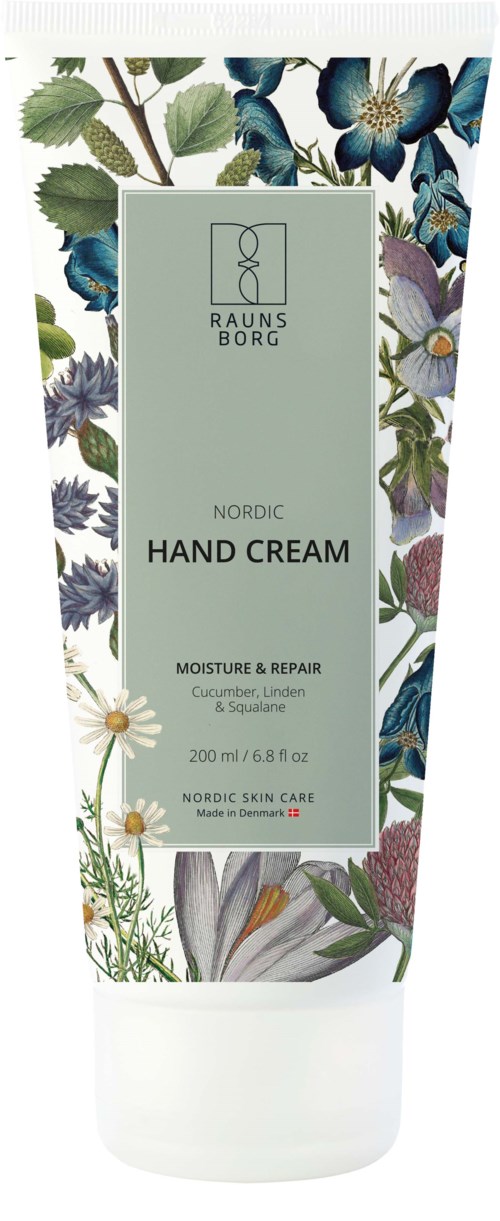 Eine Tube Handcreme mit Blumen- und Pflanzenillustrationen, bezeichnet als Nordics, Feuchtigkeit und Reparatur mit Gurke, Lindenblüten und Salbei.