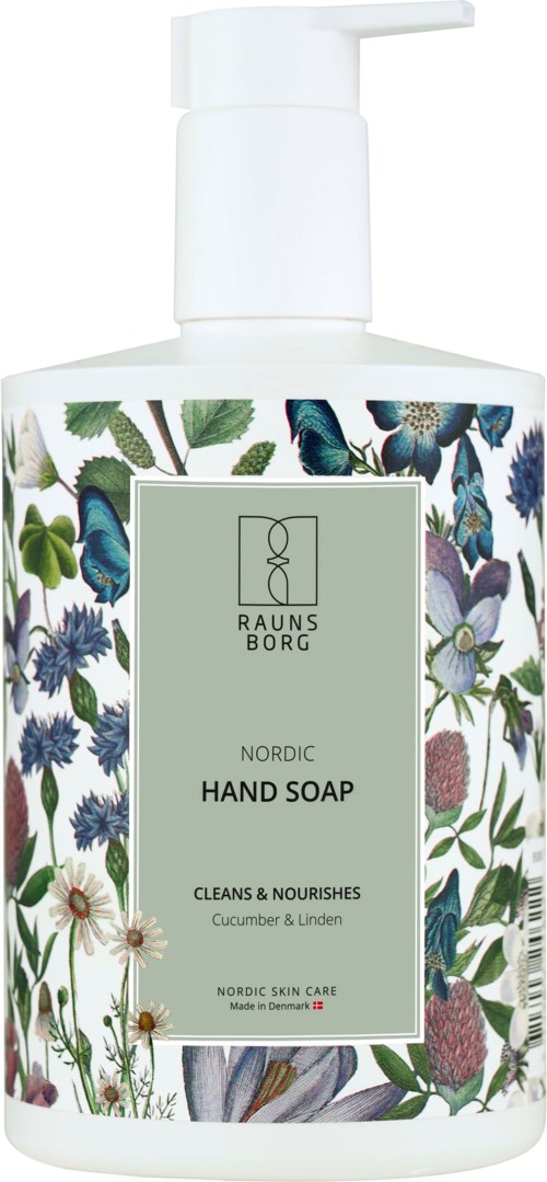 A white bottle with a pump, decorated with colorful flowers and butterflies. It is labeled "Nordic Hand Soap" by Raunsborg.