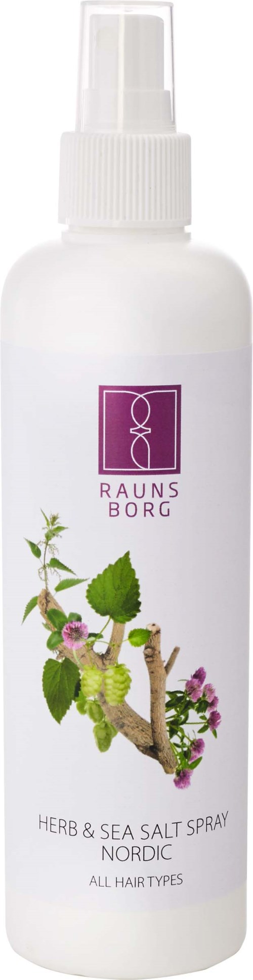 En vit sprayflaska med en lila logga och gröna växtillustrationer, märkt som Herb & Sea Salt Spray Nordic.