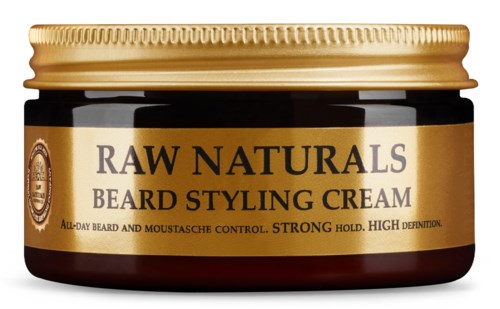 A jar of beard styling cream with a gold lid and label, containing natural ingredients for strong hold.