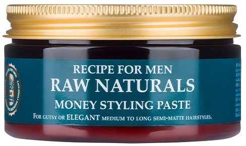 A container of male hair styling paste called 'Raw Naturals'. It is for medium to long semi-matte hairstyles.
