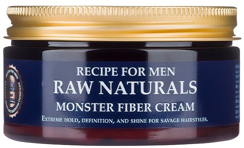 A container of Raw Naturals Monster Fiber Cream for men, with a blue label and a gold lid.