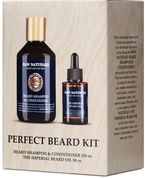 A beard care kit with shampoo, conditioner, and beard oil in bottles. The packaging is beige with text and images.