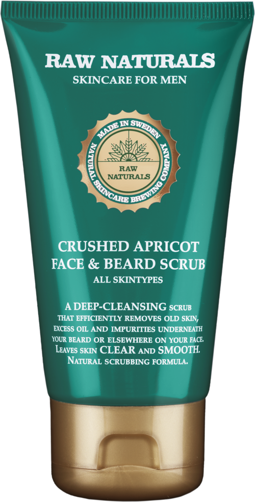 Green tube of Raw Naturals face and beard scrub, with a gold cap and label details.