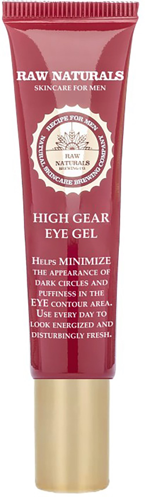 A red and gold tube of eye gel from Raw Naturals for men, designed to reduce dark circles and puffiness.