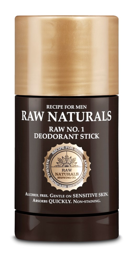 A black deodorant stick container with a beige cap and white text, promoting natural ingredients for sensitive skin.