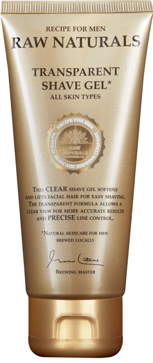 Eine goldene und beige Tube Rasiergel für Männer, beschriftet 'RAW NATURALS' und 'TRANSPARENT SHAVE GEL', für alle Hauttypen.