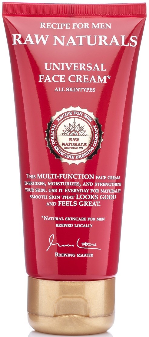 A red tube of men's face cream with gold cap, showing brand and product details on the front.