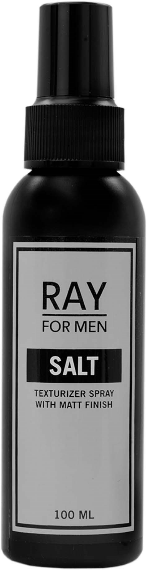 Svart sprayflaska märkt 'Ray for Men Salt, Texturizer Spray med matt finish, 100 ML'.