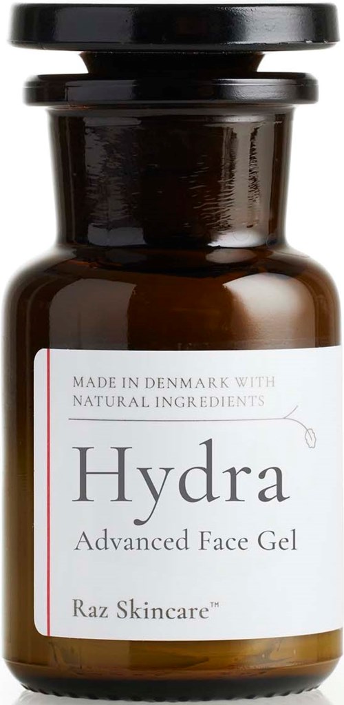 En liten brun burk med svart lock och vit etikett för Hydra avancerad ansiktsgel. Tillverkad i Danmark med naturliga ingredienser.