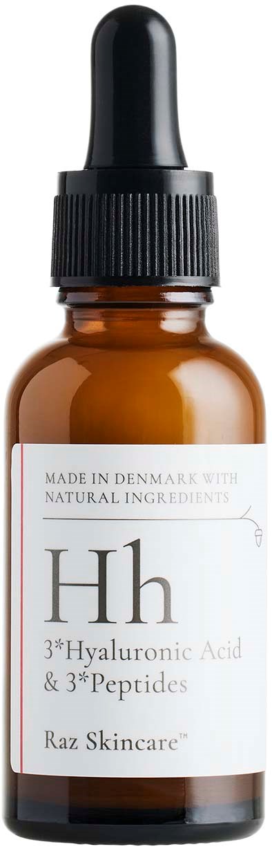 En liten brun flaska med svart pipettlock, märkt "Hh 3% Hyaluronic Acid & 3% Peptides".