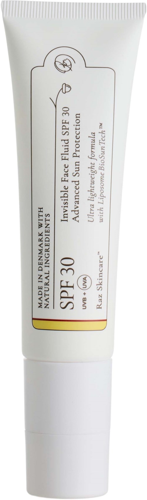 Solkrämstubb med SPF 30, märkning innehåller UV-skydd och varumärkesuppgifter.