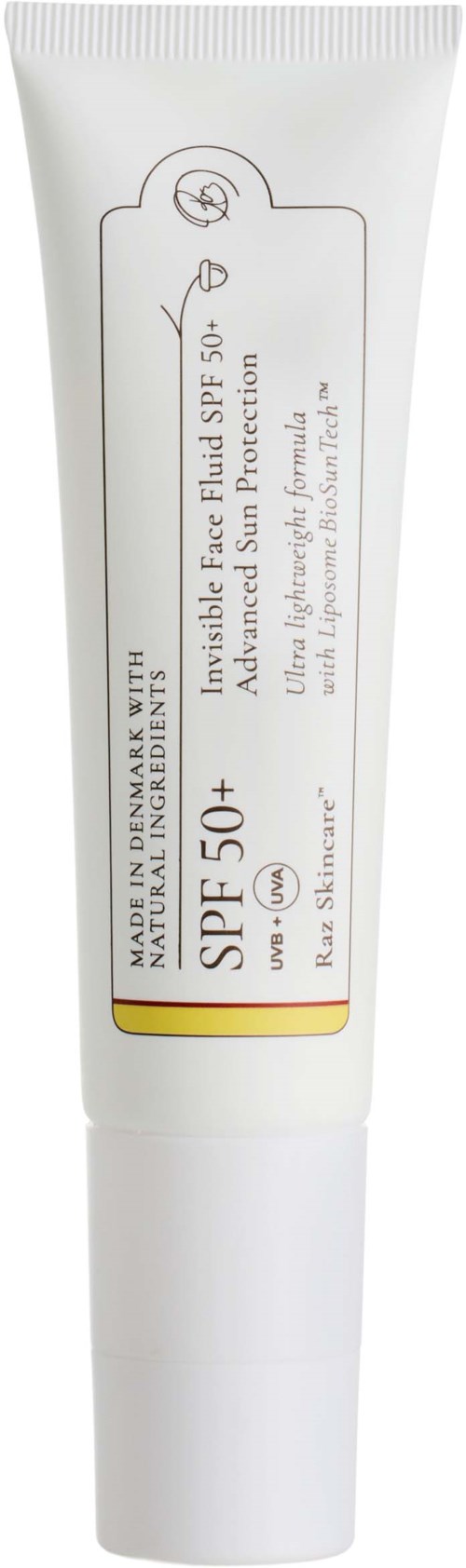 En vit tub med solkräm med SPF 50+ märkning för ansikte och solskydd.